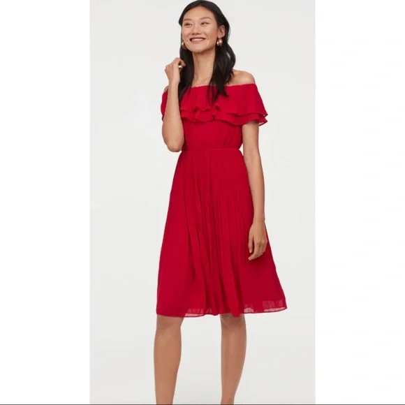 red pleated dress h&m Women's Bright red Tiered Fine-Knit Dress